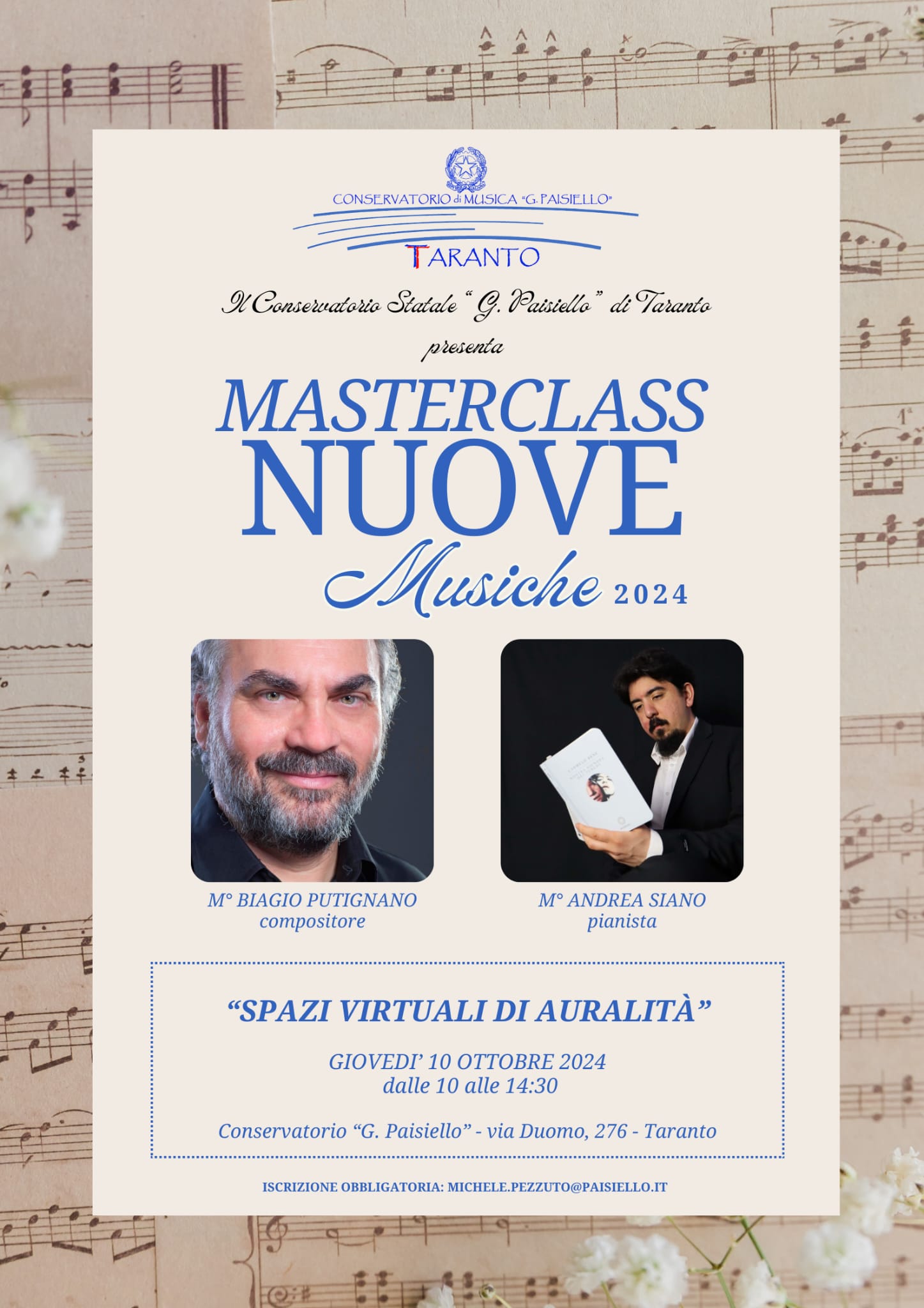 MASTERCLASS “NUOVE MUSICHE” AL CONSERVATORIO “G. PAISIELLO” – INCONTRI CON IL COMPOSITORE BIAGIO PUTIGNANO