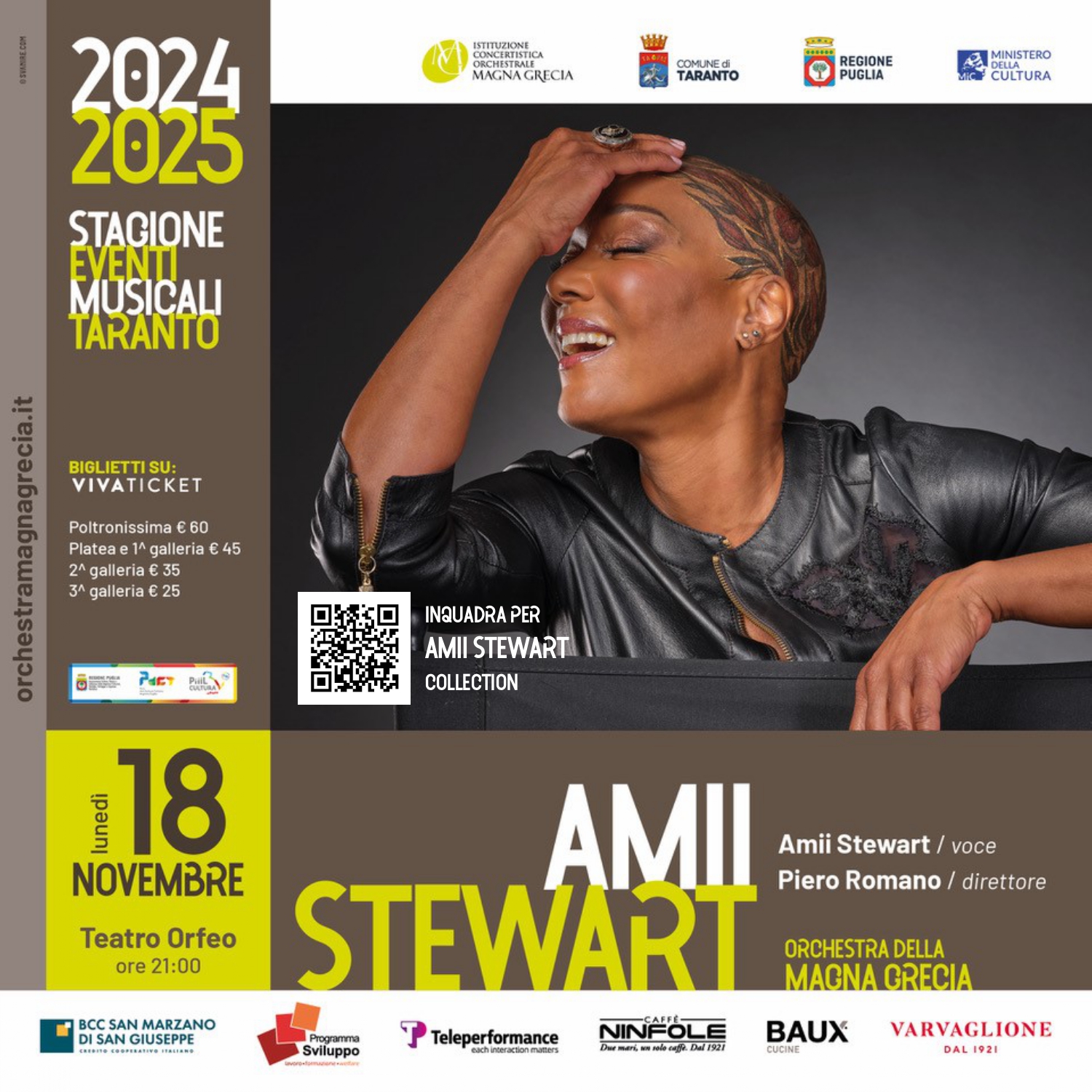 ORCHESTRA MAGNA GRECIA – Lunedì 18 novembre, Amii Stewart al teatro Orfeo di Taranto