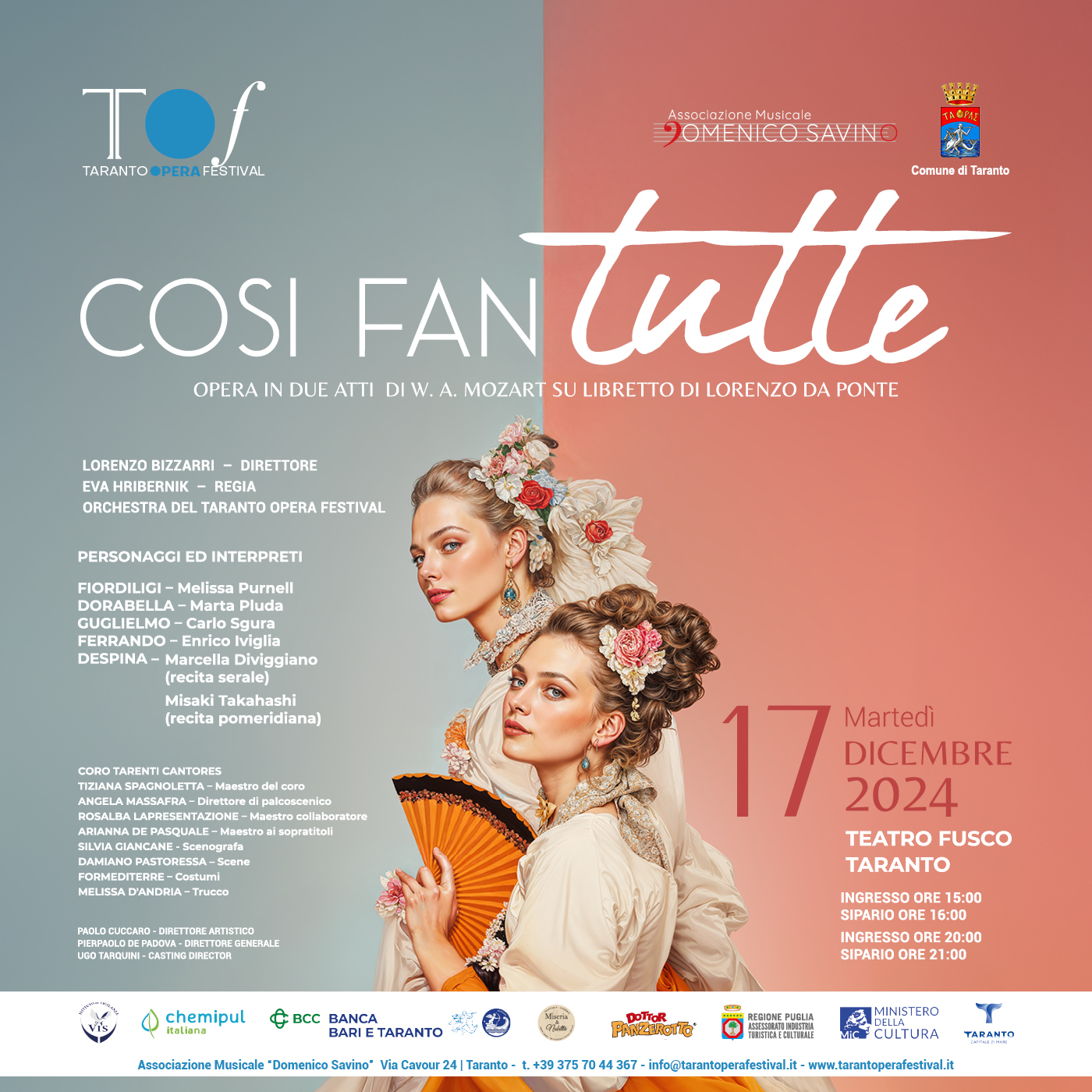 Taranto Opera Festival – stagione invernale 2024-25 – Così fan tutte di Mozart, prima opera in programma